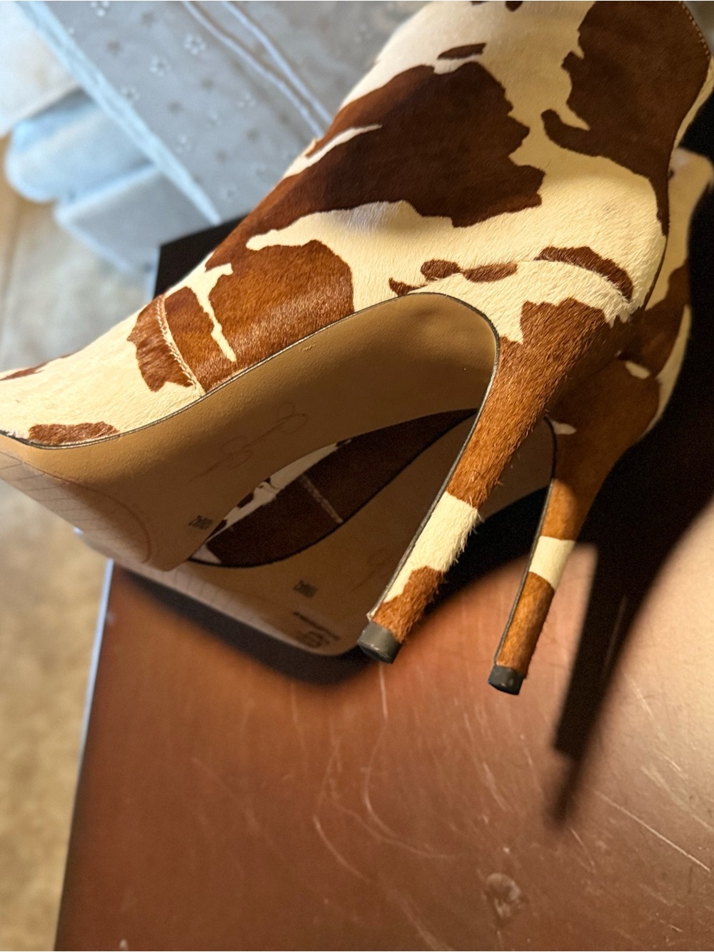 Women's Cowhide Pointed Toe Stiletto Booties - Brown & White - Picture 2 of 3